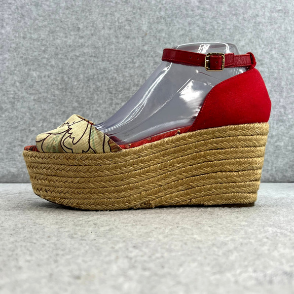 Tory Burch Sherri Floral Platform Espadrille Wedge Sandal - Red/White -Women 9 - Picture 2 of 10
